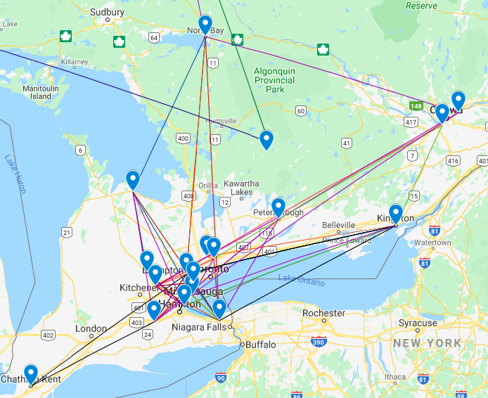 Map showing Southern Ontario tour locations