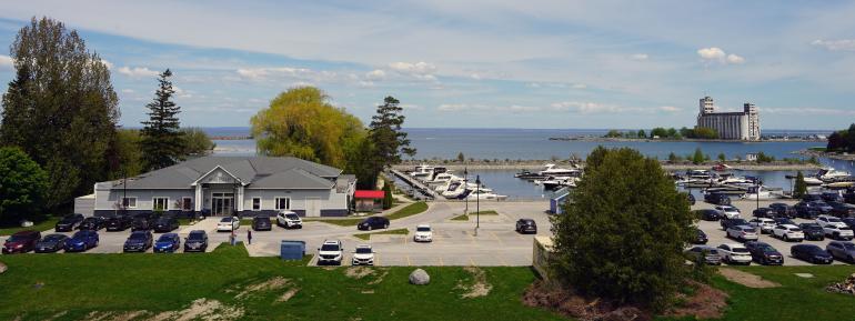 A shot of Bear Lodge at the Living Waters Resort with the lake in the background