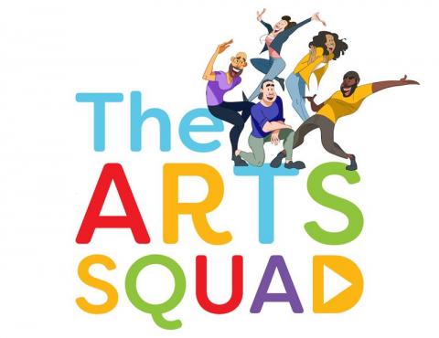 The logo says "The Arts Squad" in colourful letters, with illustrations of the 5 workshop leaders all balanced on the letters together.